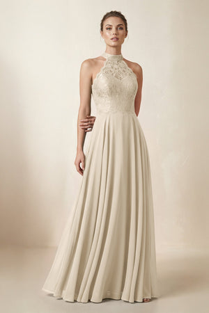 Lace Halter A - Line Chiffon Bridesmaid Dress in Champagne - KissProm Bridesmaid Dresses