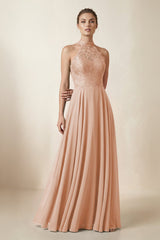 Lace Halter A - Line Chiffon Bridesmaid Dress in Champagne Rose - KissProm Bridesmaid Dresses