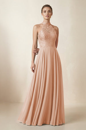 Lace Halter A - Line Chiffon Bridesmaid Dress in Champagne Rose - KissProm Bridesmaid Dresses
