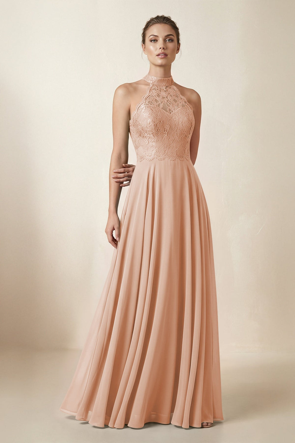 Lace Halter A - Line Chiffon Bridesmaid Dress in Champagne Rose - KissProm Bridesmaid Dresses