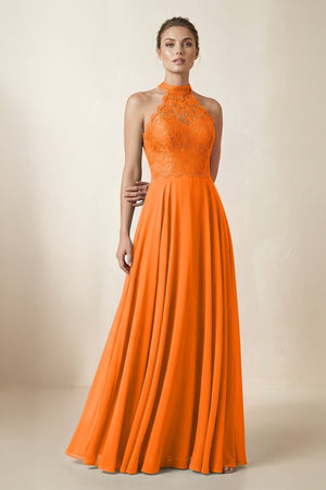 Lace Halter A - Line Chiffon Bridesmaid Dress in Cinnamon - KissProm Bridesmaid Dresses