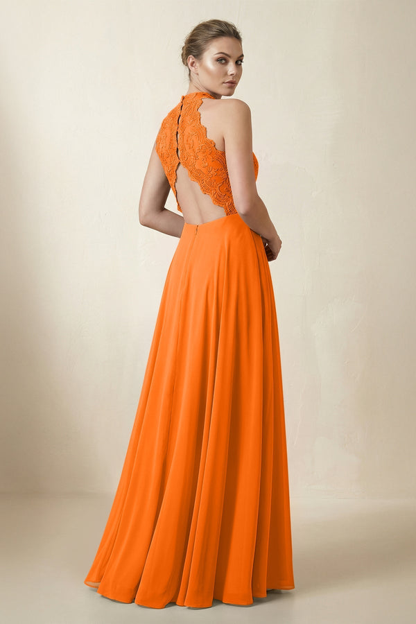 Lace Halter A - Line Chiffon Bridesmaid Dress in Cinnamon - KissProm Bridesmaid Dresses