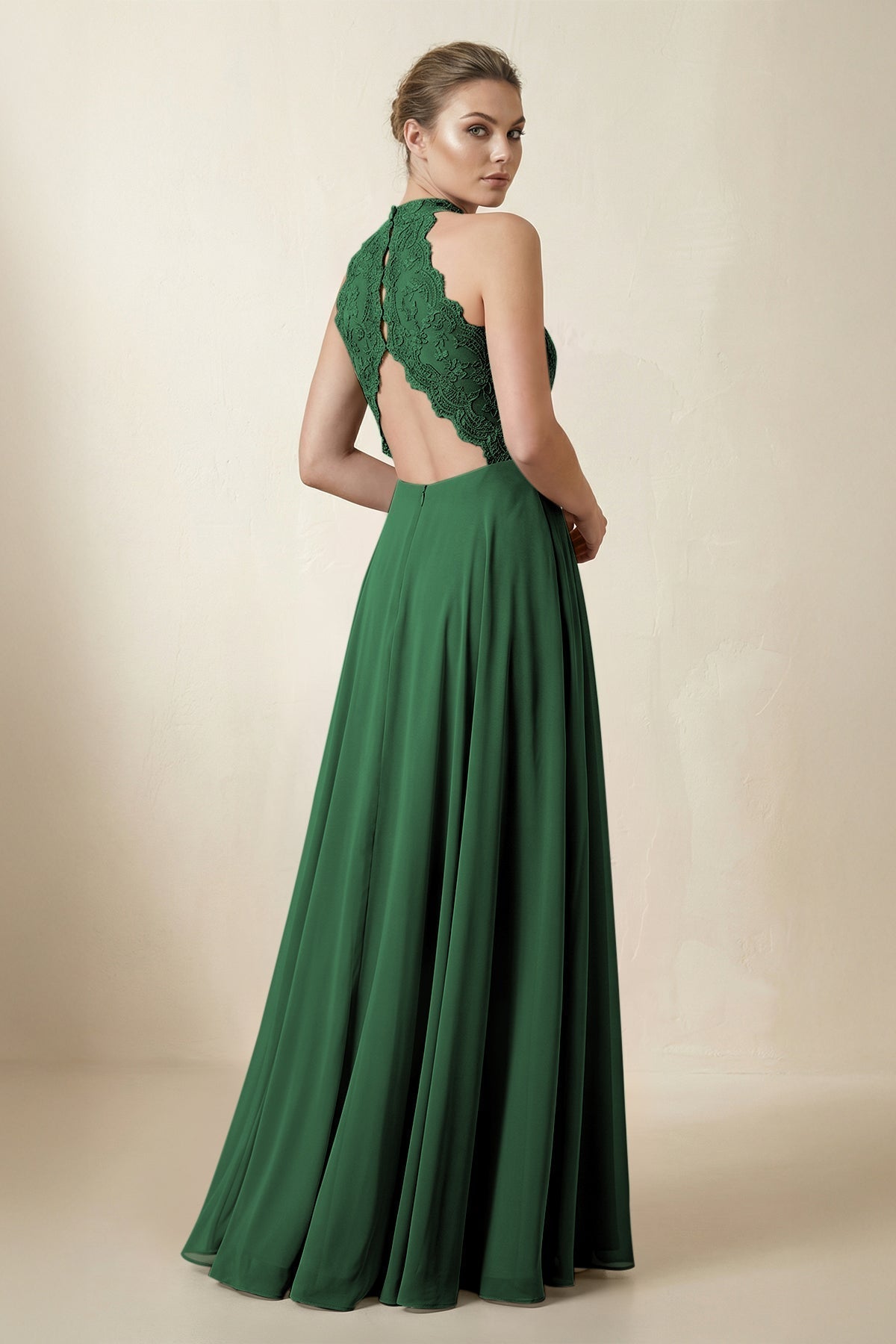 KissProm Lace Halter A-Line Chiffon Bridesmaid Dress in Dark Green, Dark Green / Custom Size( Free )