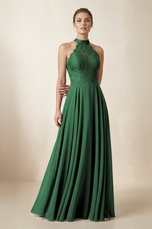 Lace Halter A - Line Chiffon Bridesmaid Dress in Dark Green - KissProm Bridesmaid Dresses