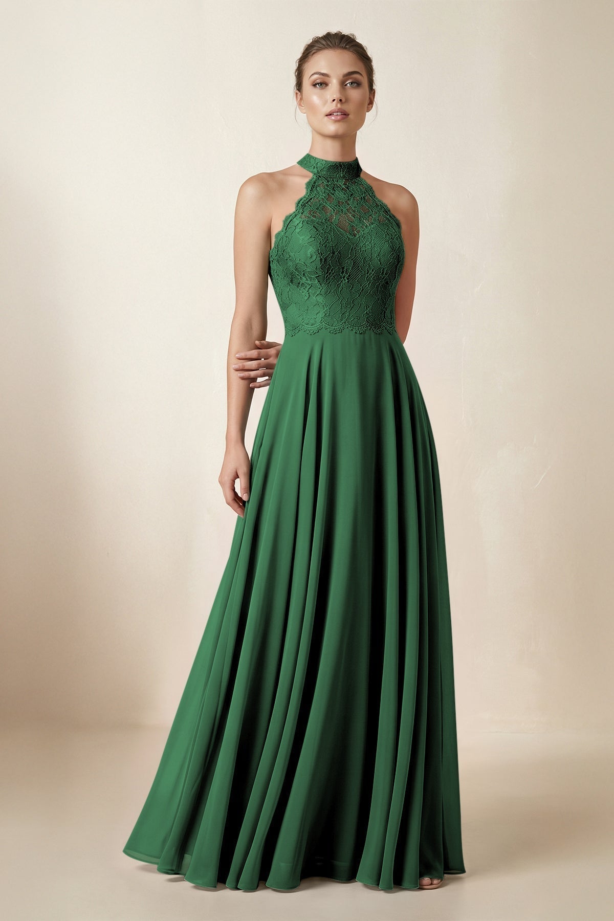 KissProm Lace Halter A-Line Chiffon Bridesmaid Dress in Dark Green, Dark Green / Custom Size( Free )