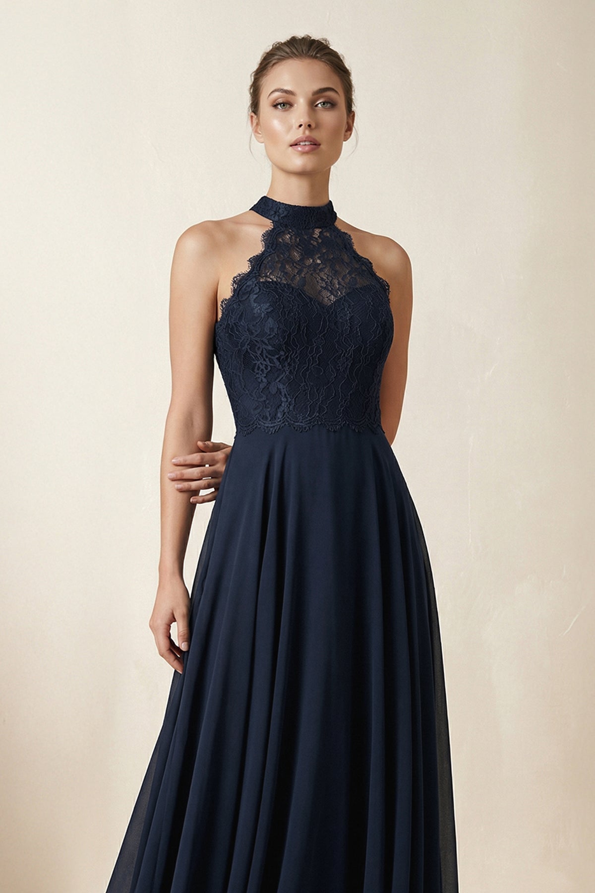 Lace Halter A-Line Chiffon Bridesmaid Dress in Dark Navy, Dark Navy / 22 Lace Halter A-Line Chiffon Bridesmaid Dress in Dark Navy, Dark Navy / 22