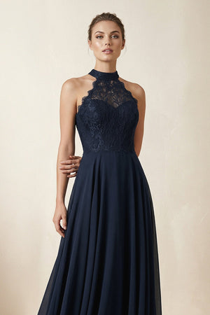 Lace Halter A - Line Chiffon Bridesmaid Dress in Dark Navy - KissProm Bridesmaid Dresses