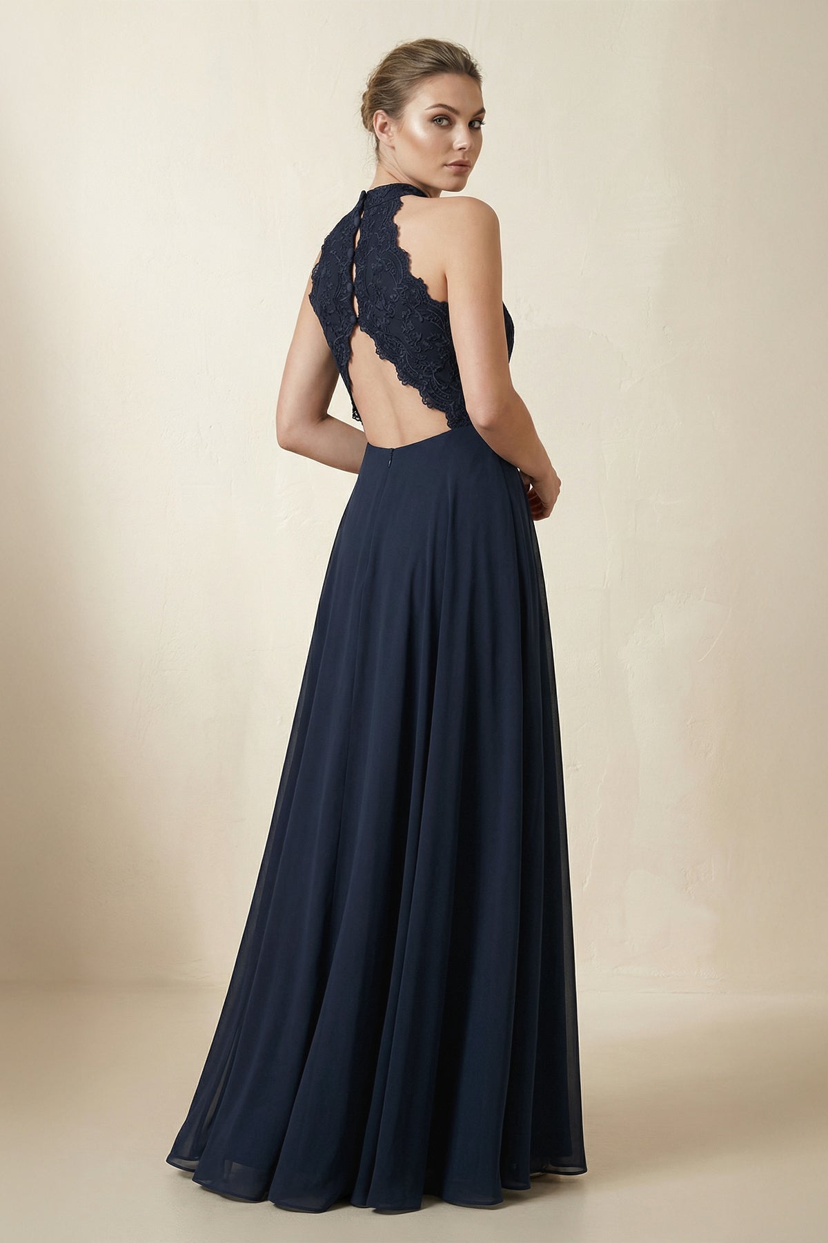 Lace Halter A-Line Chiffon Bridesmaid Dress in Dark Navy, Dark Navy / 22