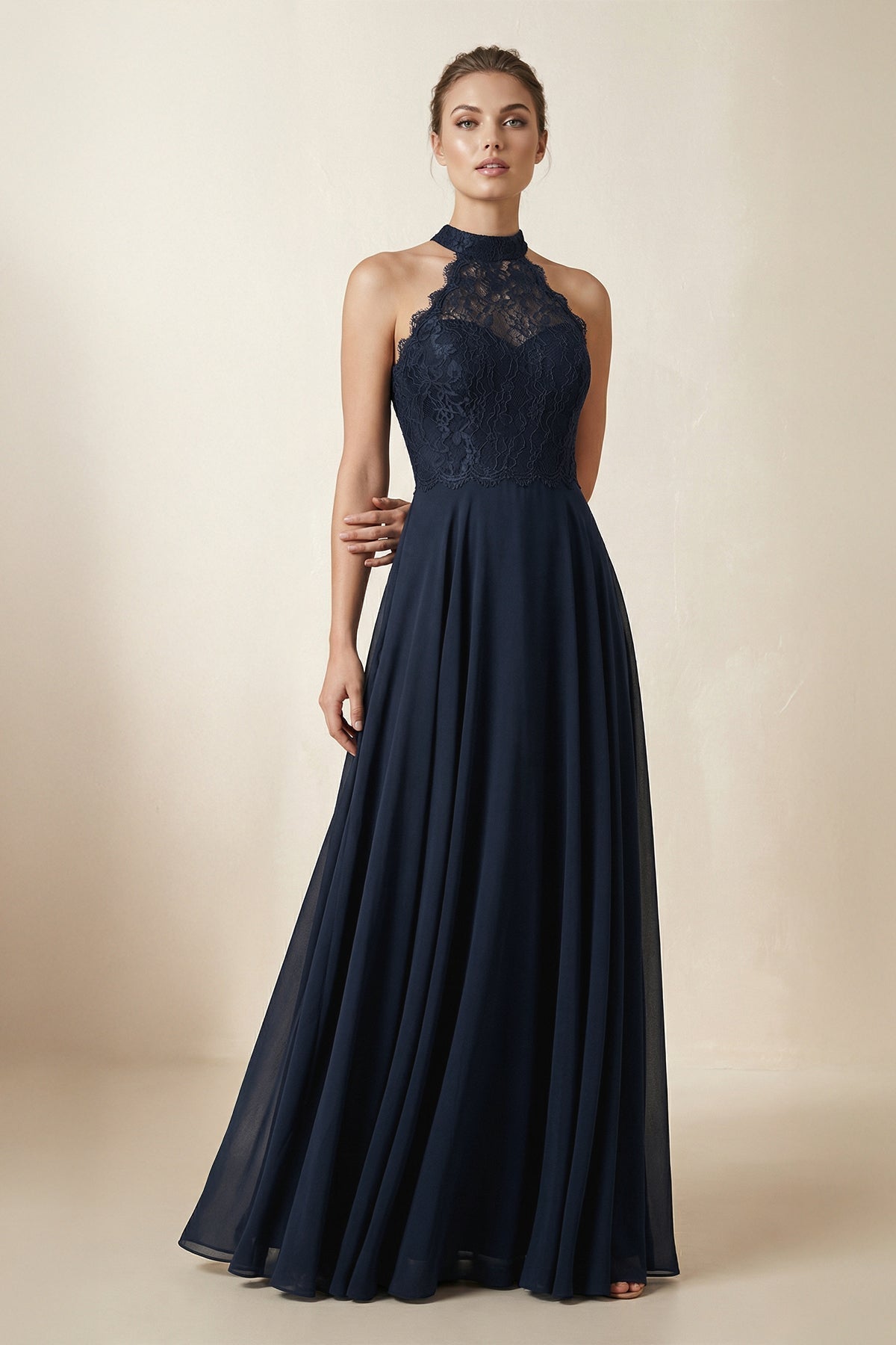 KissProm Lace Halter A-Line Chiffon Bridesmaid Dress in Dark Navy, Dark Navy / 26