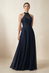 Lace Halter A - Line Chiffon Bridesmaid Dress in Dark Navy - KissProm Bridesmaid Dresses
