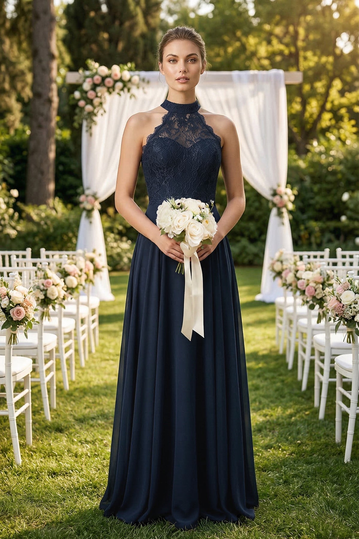 navy halter bridesmaid dress Lace Halter A-Line Chiffon Bridesmaid Dress in Dark Navy, Dark Navy / 22