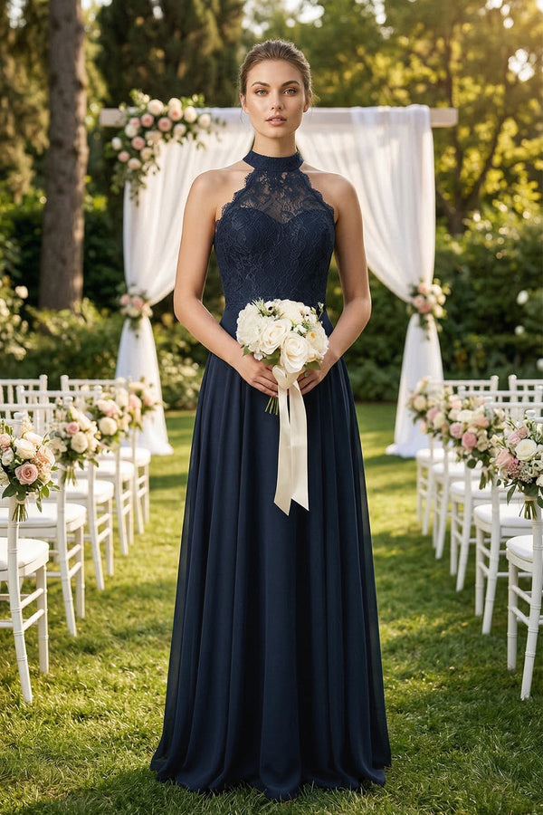 Lace Halter A - Line Chiffon Bridesmaid Dress in Dark Navy - KissProm Bridesmaid Dresses