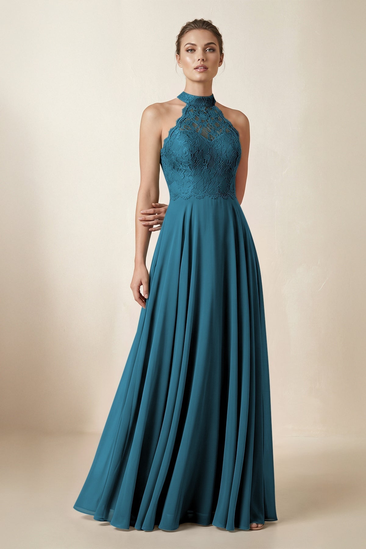 KissProm Lace Halter A-Line Chiffon Bridesmaid Dress in Dark Teal, Dark Teal / 22
