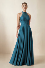 Lace Halter A - Line Chiffon Bridesmaid Dress in Dark Teal - KissProm Bridesmaid Dresses