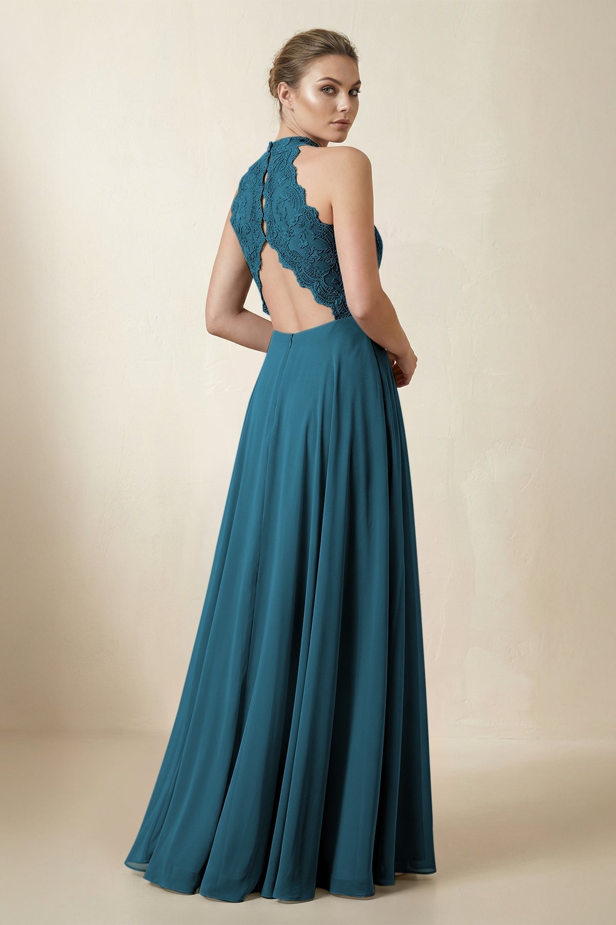 KissProm Lace Halter A-Line Chiffon Bridesmaid Dress in Dark Teal, Dark Teal / 22