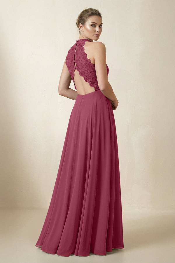 Lace Halter A - Line Chiffon Bridesmaid Dress in Desert Rose - KissProm Bridesmaid Dresses