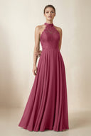 Lace Halter A - Line Chiffon Bridesmaid Dress in Desert Rose - KissProm Bridesmaid Dresses