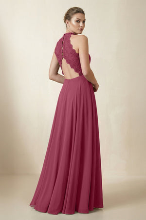 Lace Halter A - Line Chiffon Bridesmaid Dress in Desert Rose - KissProm Bridesmaid Dresses