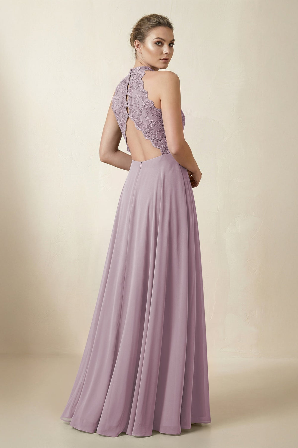 Lace Halter A - Line Chiffon Bridesmaid Dress in Dusk - KissProm Bridesmaid Dresses