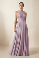 Lace Halter A - Line Chiffon Bridesmaid Dress in Dusk - KissProm Bridesmaid Dresses