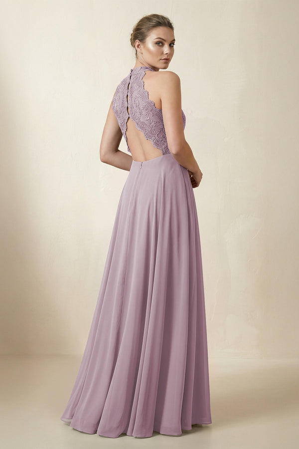 Lace Halter A - Line Chiffon Bridesmaid Dress in Dusk - KissProm Bridesmaid Dresses