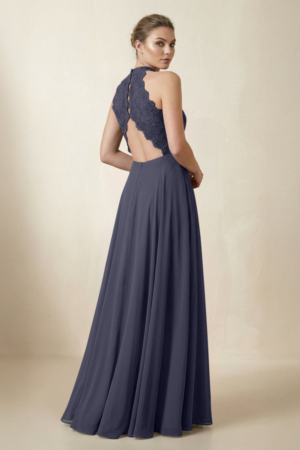 Lace Halter A - Line Chiffon Bridesmaid Dress in Dusk Blue - KissProm Bridesmaid Dresses