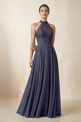 Lace Halter A - Line Chiffon Bridesmaid Dress in Dusk Blue - KissProm Bridesmaid Dresses