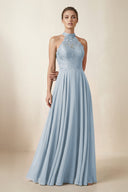 Lace Halter A - Line Chiffon Bridesmaid Dress in Dusty Blue - KissProm Bridesmaid Dresses