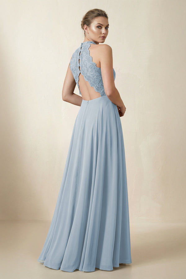 Lace Halter A - Line Chiffon Bridesmaid Dress in Dusty Blue - KissProm Bridesmaid Dresses