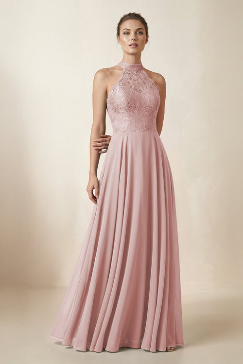 Lace Halter A - Line Chiffon Bridesmaid Dress in Dusty Rose - KissProm Bridesmaid Dresses