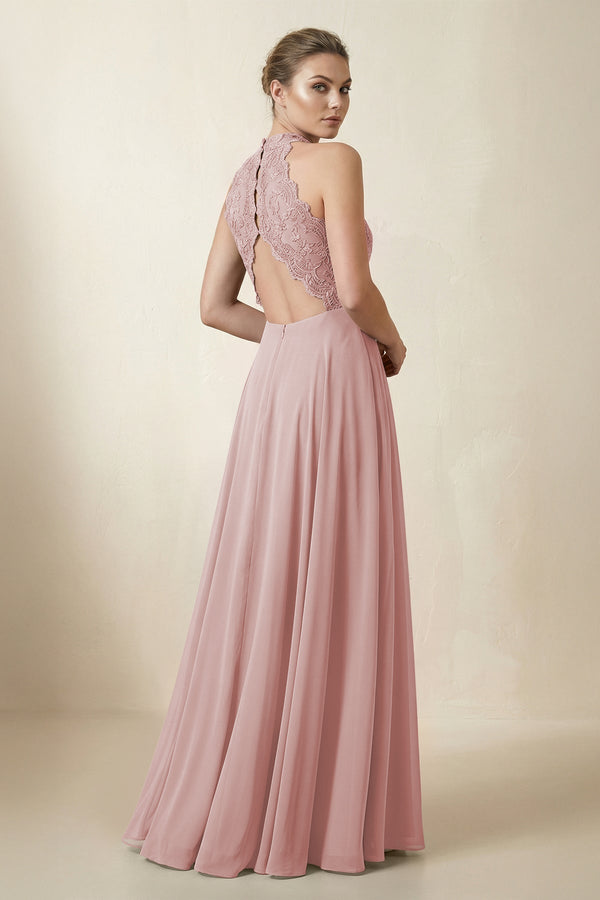 Lace Halter A - Line Chiffon Bridesmaid Dress in Dusty Rose - KissProm Bridesmaid Dresses