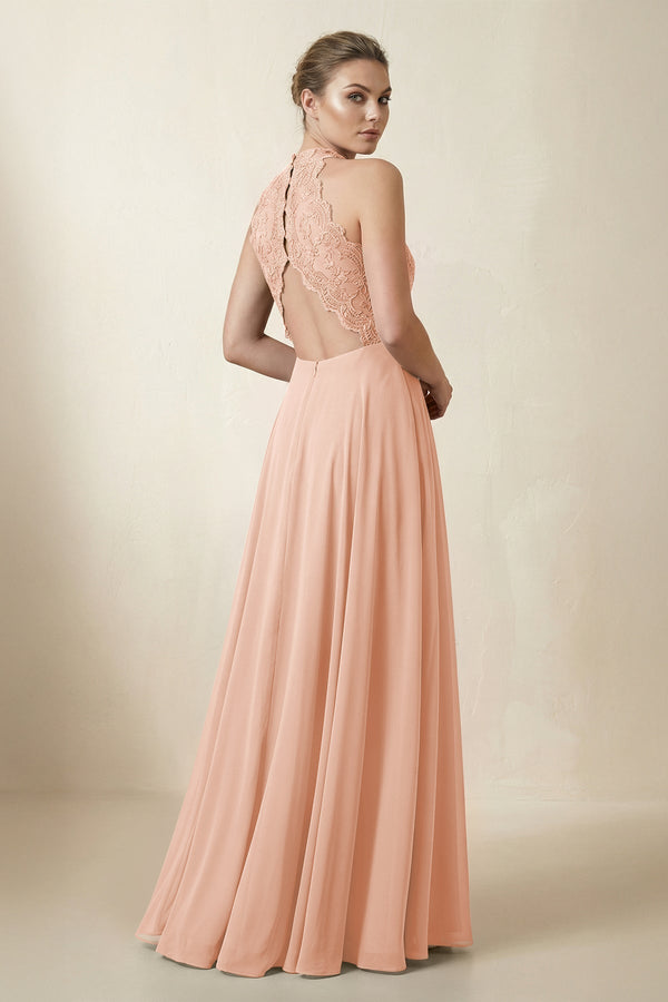 Lace Halter A - Line Chiffon Bridesmaid Dress in English Rose - KissProm Bridesmaid Dresses
