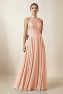 Lace Halter A - Line Chiffon Bridesmaid Dress in English Rose - KissProm Bridesmaid Dresses