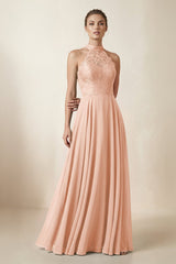 Lace Halter A - Line Chiffon Bridesmaid Dress in English Rose - KissProm Bridesmaid Dresses
