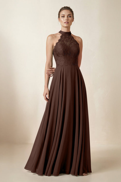 Lace Halter A - Line Chiffon Bridesmaid Dress in Espresso - KissProm Bridesmaid Dresses