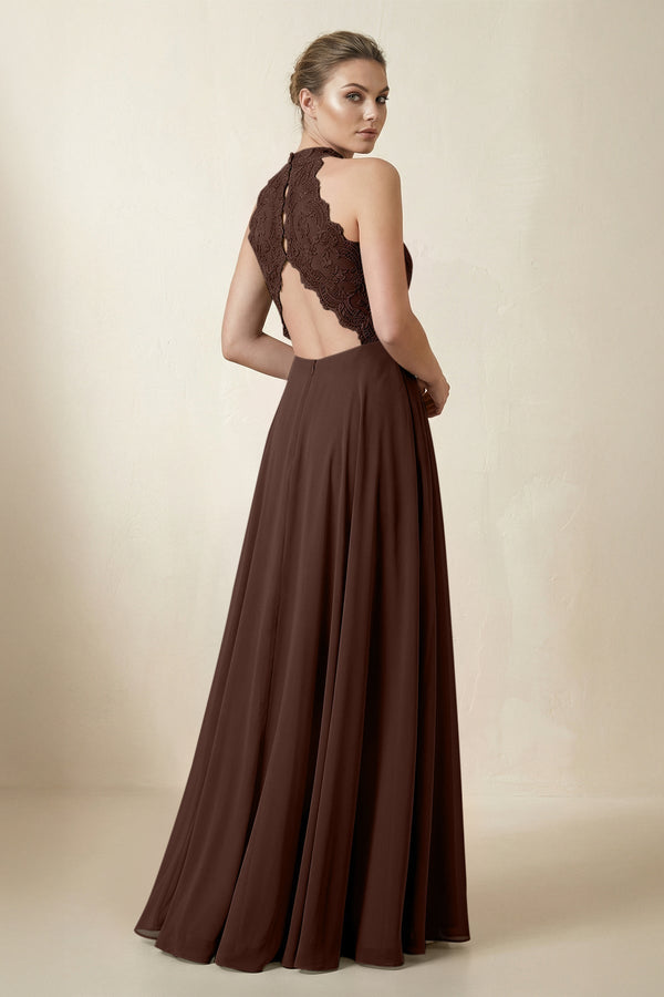 Lace Halter A - Line Chiffon Bridesmaid Dress in Espresso - KissProm Bridesmaid Dresses