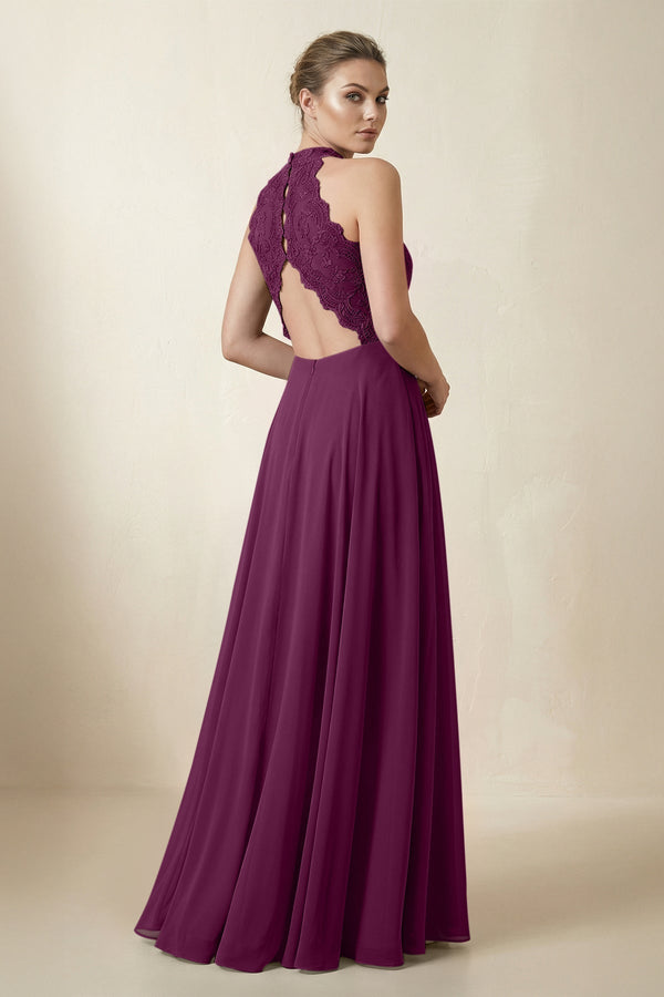 Lace Halter A - Line Chiffon Bridesmaid Dress in Fig - KissProm Bridesmaid Dresses