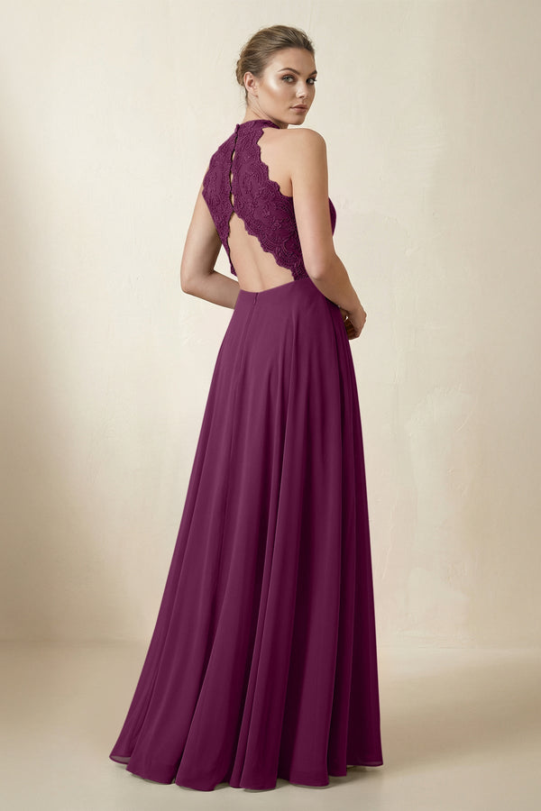 KissProm | Lace Halter A-Line Chiffon Bridesmaid Dress in Fig KissProm | Lace Halter A-Line Chiffon Bridesmaid Dress in Fig