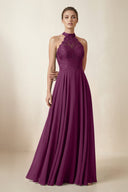 Lace Halter A - Line Chiffon Bridesmaid Dress in Fig - KissProm Bridesmaid Dresses