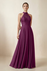 Lace Halter A - Line Chiffon Bridesmaid Dress in Fig - KissProm Bridesmaid Dresses