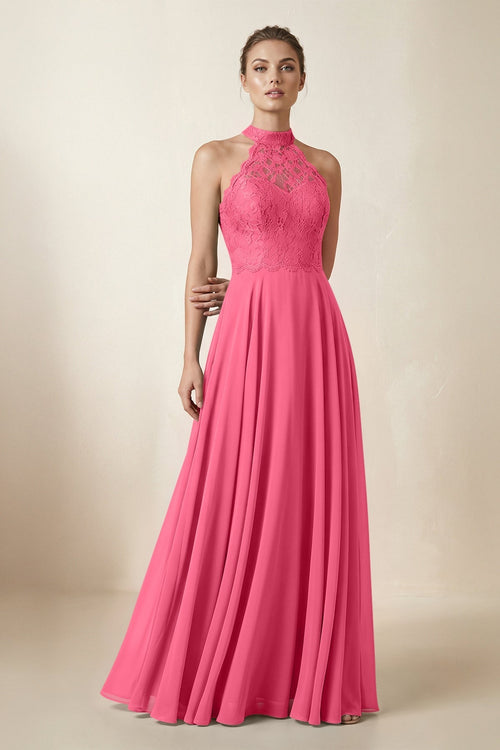 Lace Halter A - Line Chiffon Bridesmaid Dress in Fuchsia - KissProm Bridesmaid Dresses