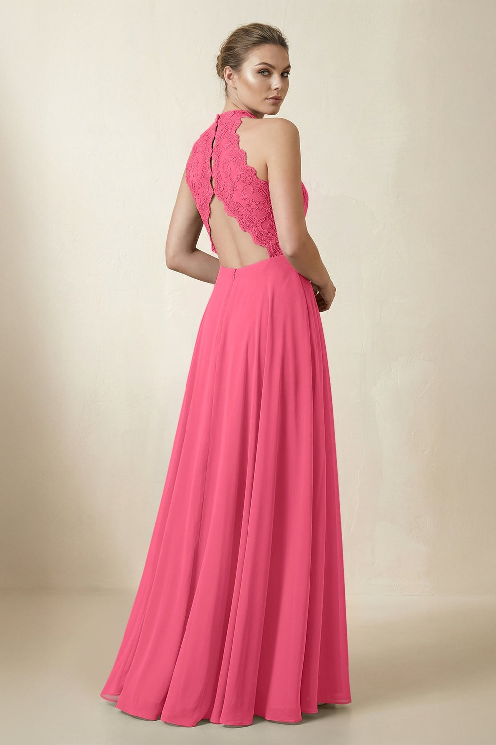Lace Halter A - Line Chiffon Bridesmaid Dress in Fuchsia - KissProm Bridesmaid Dresses