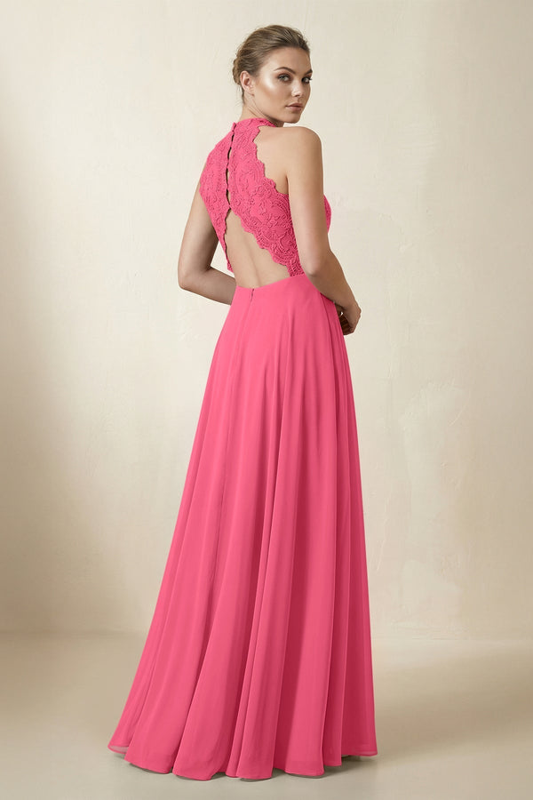 Lace Halter A - Line Chiffon Bridesmaid Dress in Fuchsia - KissProm Bridesmaid Dresses