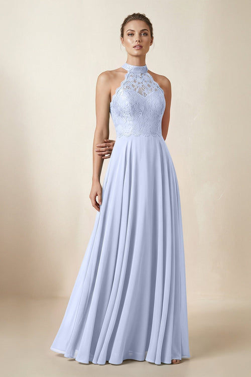 Lace Halter A - Line Chiffon Bridesmaid Dress in Ice - KissProm Bridesmaid Dresses