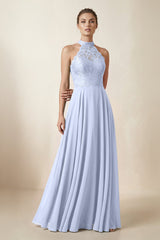 Lace Halter A - Line Chiffon Bridesmaid Dress in Ice - KissProm Bridesmaid Dresses