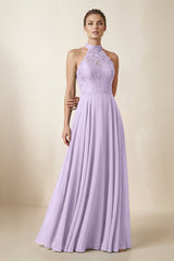 Lace Halter A - Line Chiffon Bridesmaid Dress in Lavender - KissProm Bridesmaid Dresses