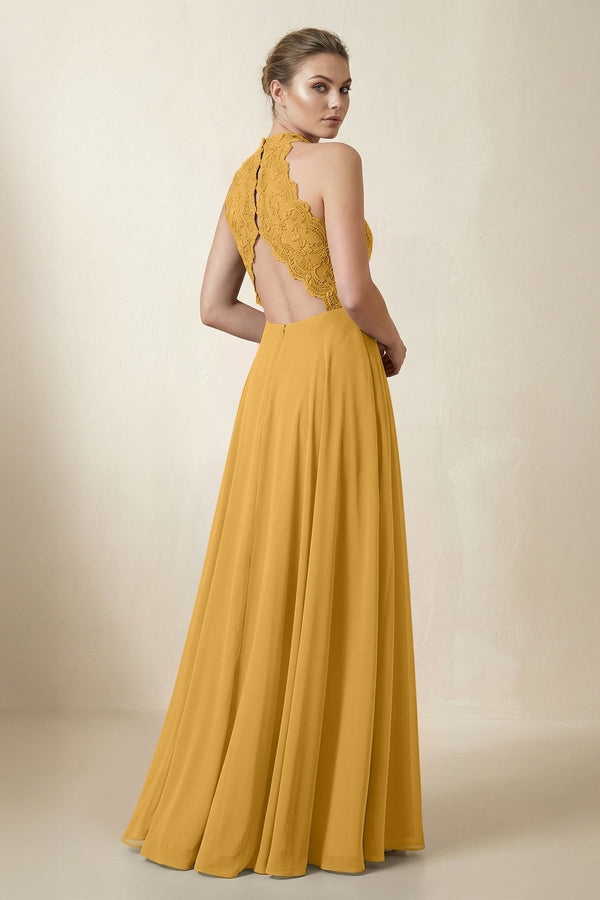 Lace Halter A - Line Chiffon Bridesmaid Dress in Marigold - KissProm Bridesmaid Dresses