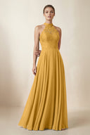 Lace Halter A - Line Chiffon Bridesmaid Dress in Marigold - KissProm Bridesmaid Dresses