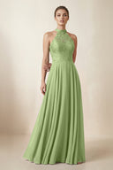 Lace Halter A - Line Chiffon Bridesmaid Dress in Matcha - KissProm Bridesmaid Dresses