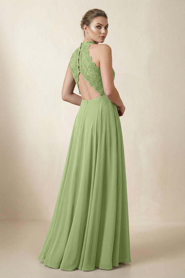 Lace Halter A - Line Chiffon Bridesmaid Dress in Matcha - KissProm Bridesmaid Dresses